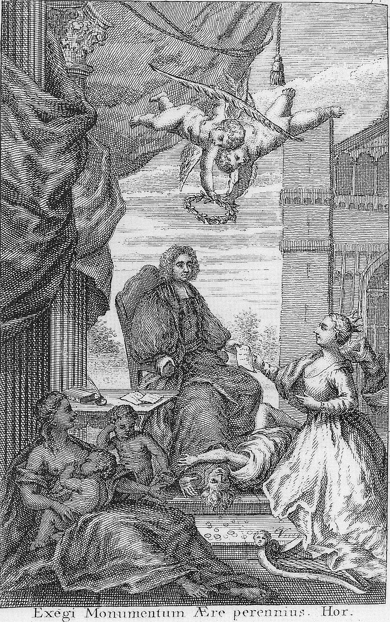 Рисунок на обложке сборника сочинений Свифта (1735): Ирландия благодарит Свифта, и ангелы дарят ему лавровый венок