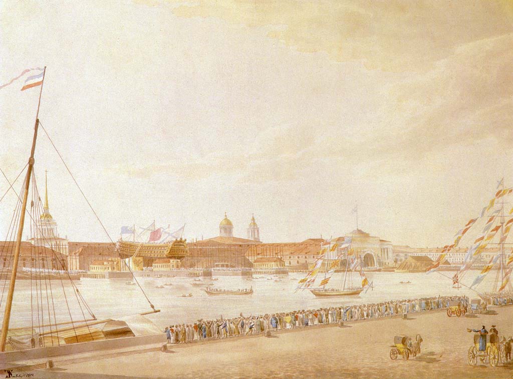 «Спуск корабля на Неве». Акварель Ф. Ф. Шенрока. 1819 г.